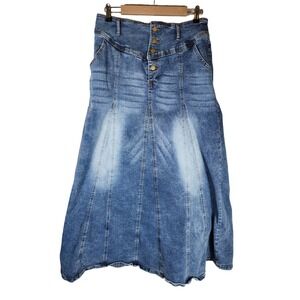 CHARLOU Blue Denim Button Up Front Heavy Medium Wash Maxi Skirt SZ XLT
